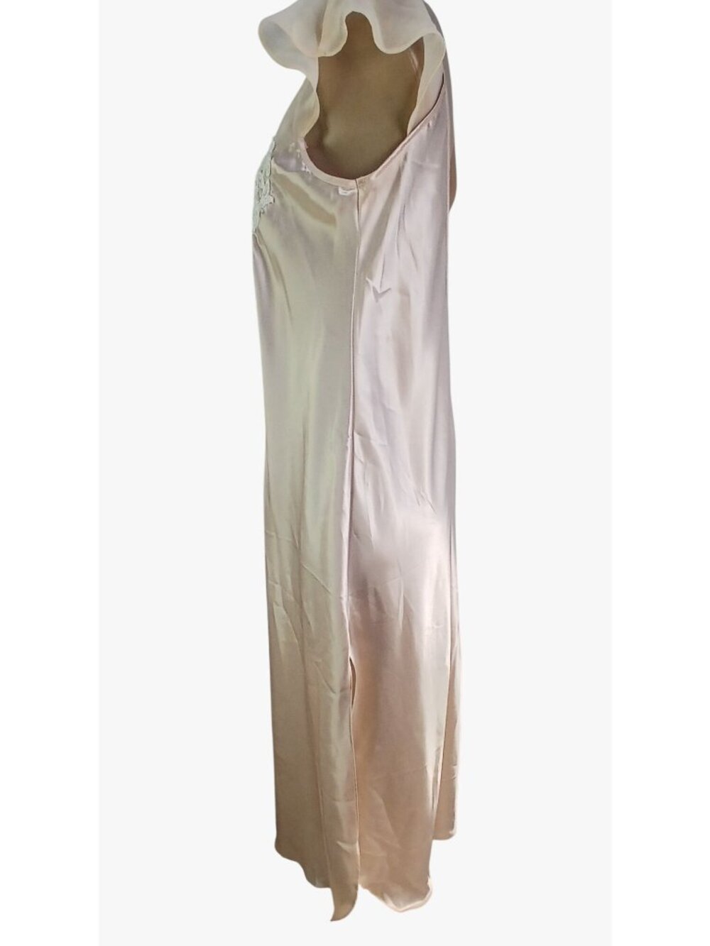 California Dynasty Satin Size L Pink Nightgown Lace Applique Sheer Flutter Sleev - Picture 7 of 10